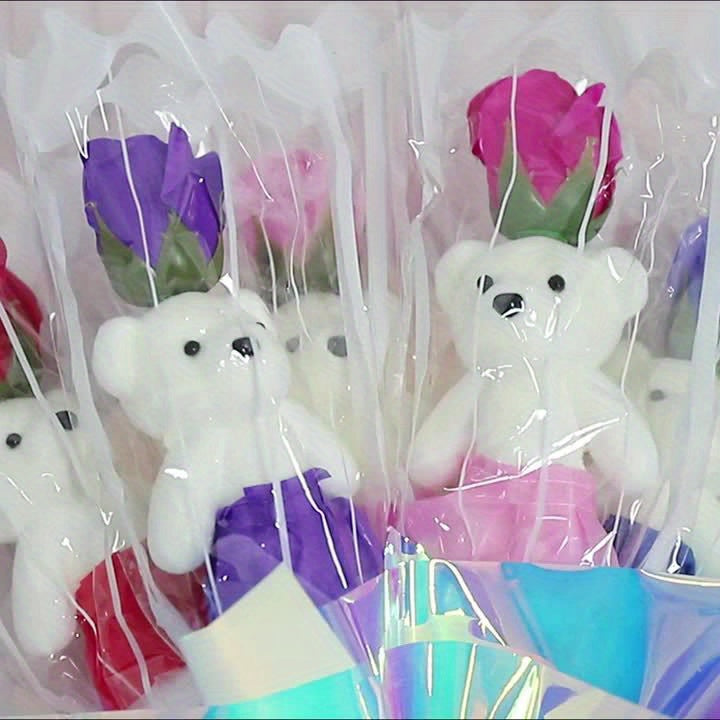 10 Bouquets of Artificial Roses with Plush Bear Plastic Roses for all kinds of holidays, anniversaries, weddings, home decor, Halloween, Christmas, romantic gifts and special occasions, Best for Christmas