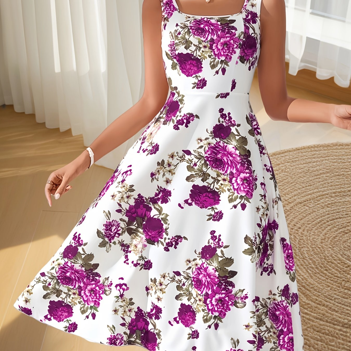 Elegant Women'S Sleeveless Floral Print Midi Dress in Lavender with Square Neckline and A-Line Silhouette - Perfect for Spring/Summer, Floral Print Dress