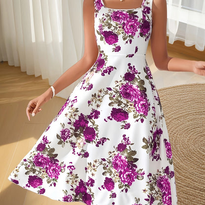 Elegant Women'S Sleeveless Floral Print Midi Dress in Lavender with Square Neckline and A-Line Silhouette - Perfect for Spring/Summer, Floral Print Dress