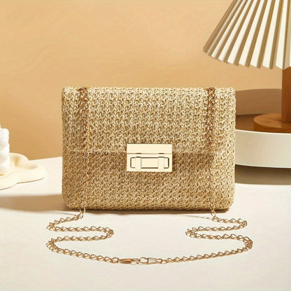 Elegant Beige Woven Shoulder Bag with Chain Strap and Turn-lock Closure