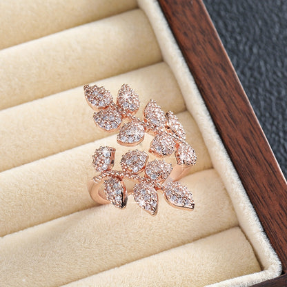 Adjustable Ladies' Ring With Trendy Copper Inlaid With Zirconia, Featuring Tree Leaves And Wheat Spikes