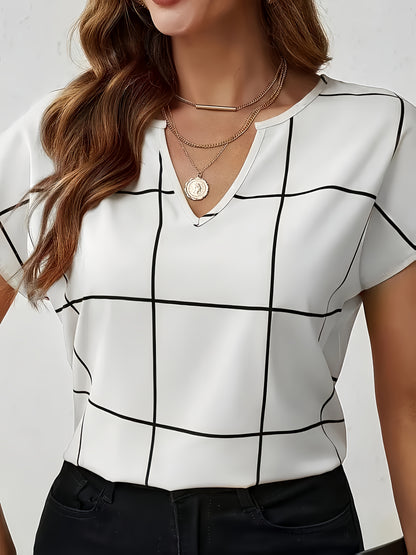 Women's Casual Plaid Print Shirt, V-Neck Short Sleeve Buttonless Blouse, Perfect for Spring and Summer Daily Outings, Vacation, Commuting, Stylish Women's Top, Cute T-Shirt, V-Neck, Summer Wear, Elegant Top, Casual Shirt, Ret
