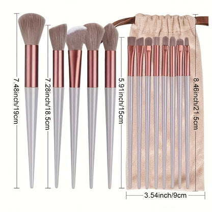13pcs Makeup Brush Set + 2pcs Brown Makeup Sponges, Eye Shadow, Foundation, BB Cream, Concealer Makeup Brushes, Soft All-In-One Makeup Tools for Women