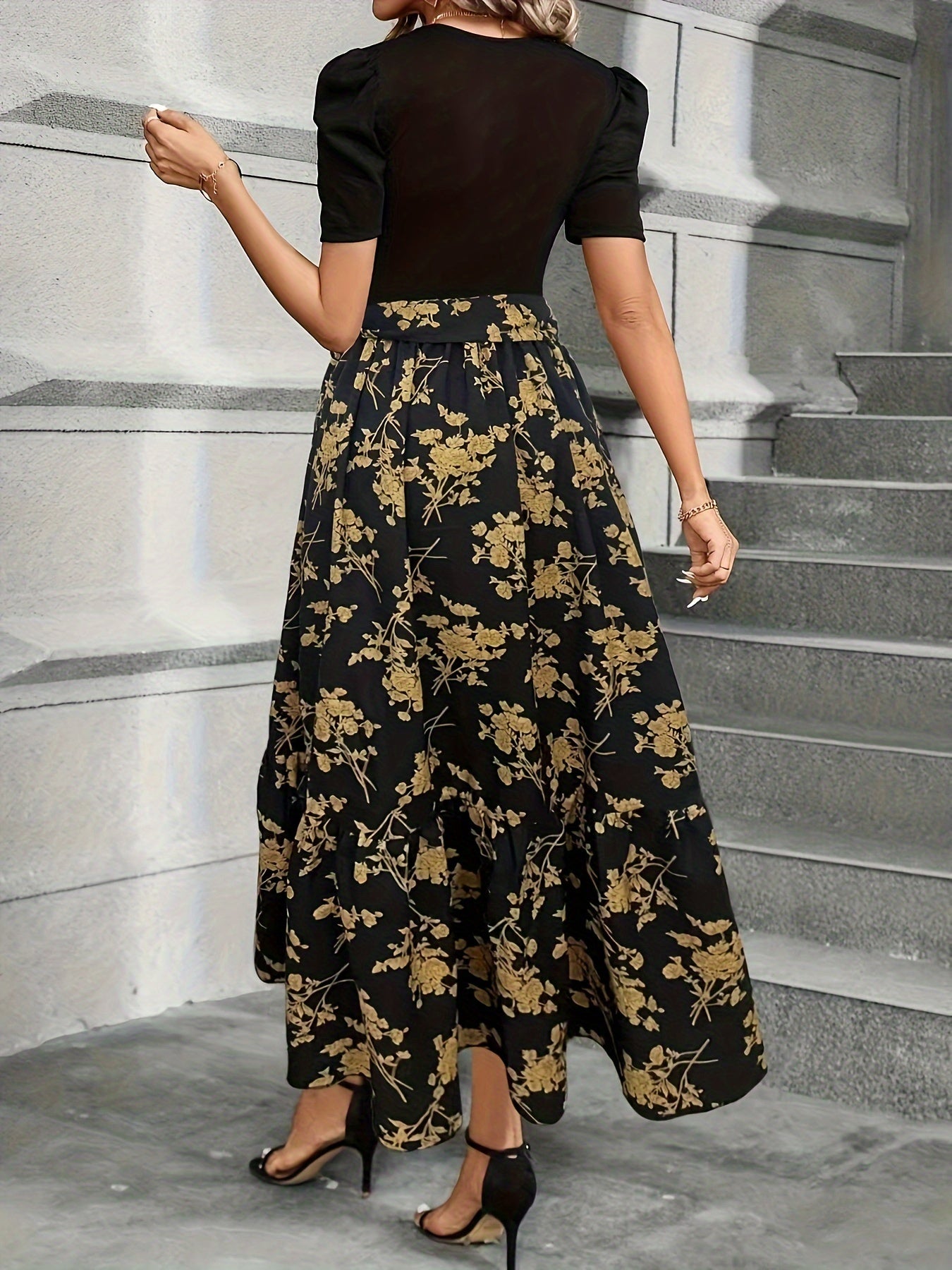 Lace Up Floral Print Splicing Dress, Elegant Crew Neck Short Sleeve Dress For Spring & Summer, Women's Clothing