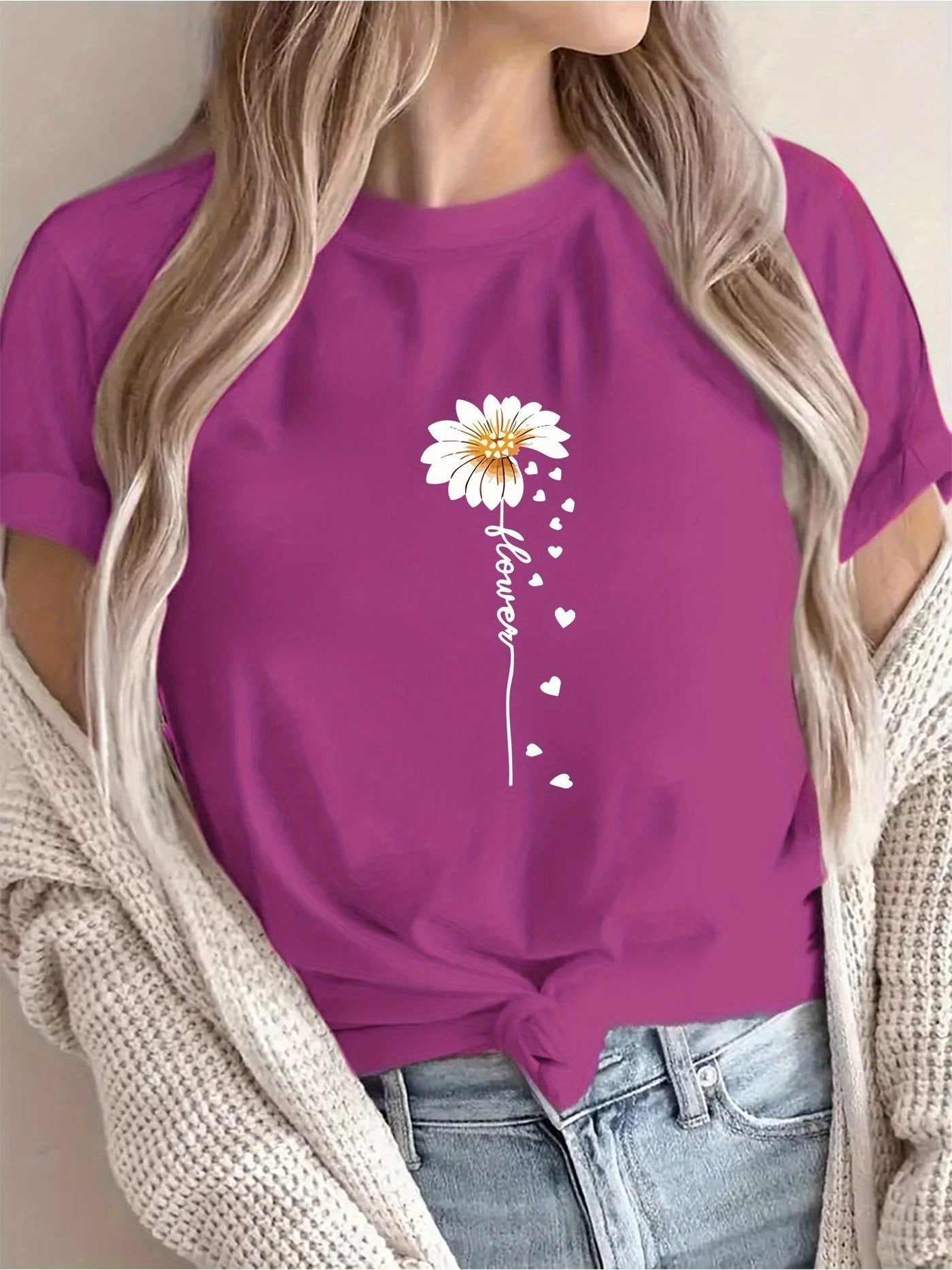 Women'S Floral Print T-Shirt - Casual & Vacation Style, Short Sleeve Crew Neck, Spring/Summer Collection, Machine Washable, Slim Fit with Vibrant Flower Design, Lightweight Polyester Blend, Perfect for Casual Attire, Casual S