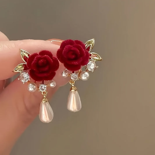 Red Rose Floral earrings - with Golden Leaves & Burgundy Roses