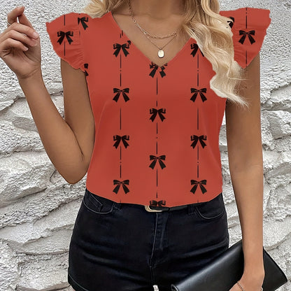 Graceful Women's Bow Print Flutter Sleeve Blouse Short-Sleeve Top