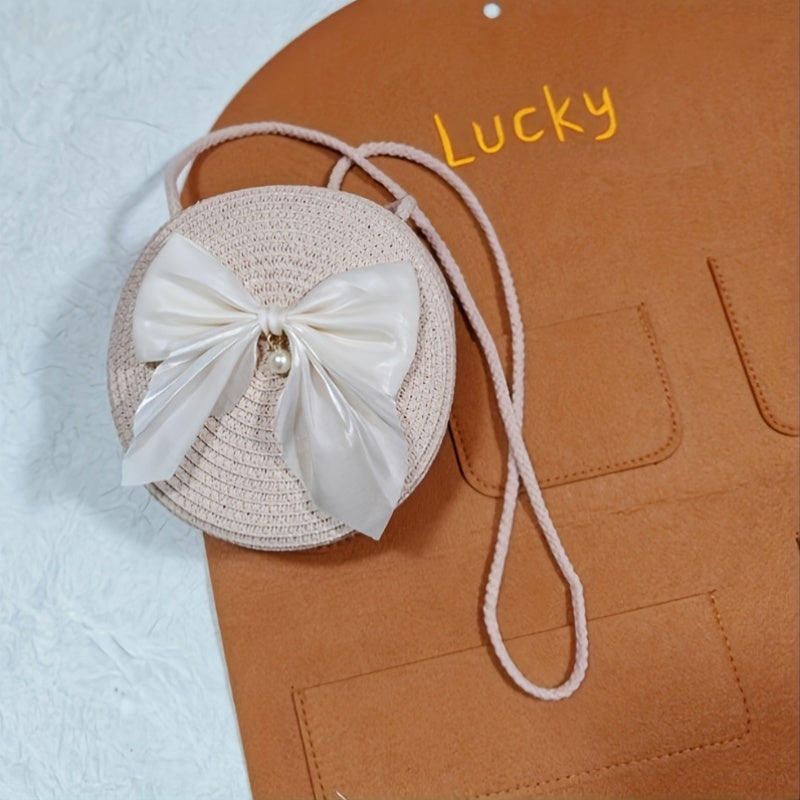 Elegant Coffee-Colored Round Woven Crossbody Bag with Pearl Bow Detail