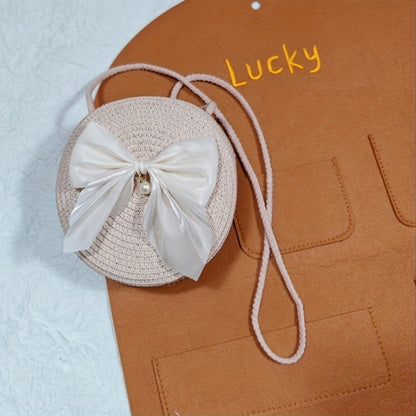 Elegant Coffee-Colored Round Woven Crossbody Bag with Pearl Bow Detail