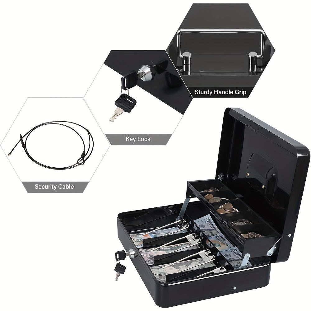 Lockable Cash Box with Coin Tray, Durable Metal Money Box with Key Lock for Bills And Change Portable Organizer for Markets, Events, Vendors And Fundraisers