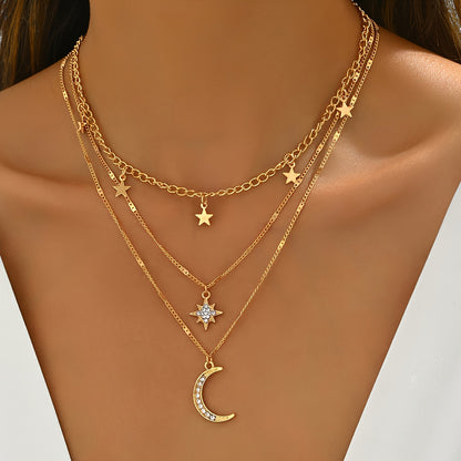 An Elegant Bohemian Style Multi-Layer Golden Necklace with Star and Moon Pendants - Perfect Gift for Friendship, Suitable for Gifting and Casual Attire, For Teenager