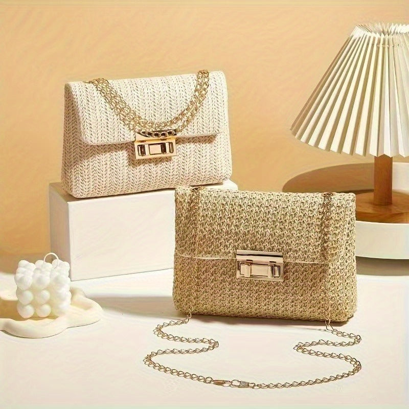 Elegant Beige Woven Shoulder Bag with Chain Strap and Turn-lock Closure