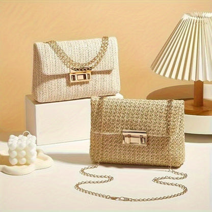 Elegant Beige Woven Shoulder Bag with Chain Strap and Turn-lock Closure