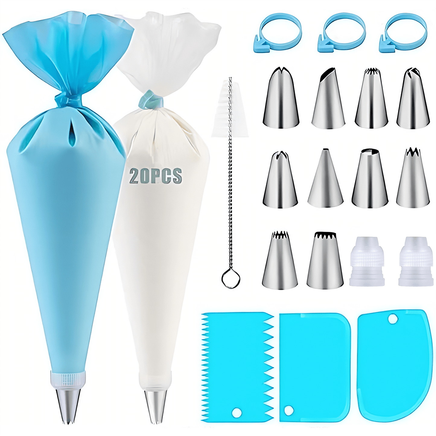 40pcs Cake Decorating Kit with 10 Piping Tips, 3 Reusable Icing Bags, 20 Disposable Bags, Cleaning Brush, Coupler, and Ties – Baking Tools for Cupcakes, Cookies, and Pastries – Essential Kitchen Accessories