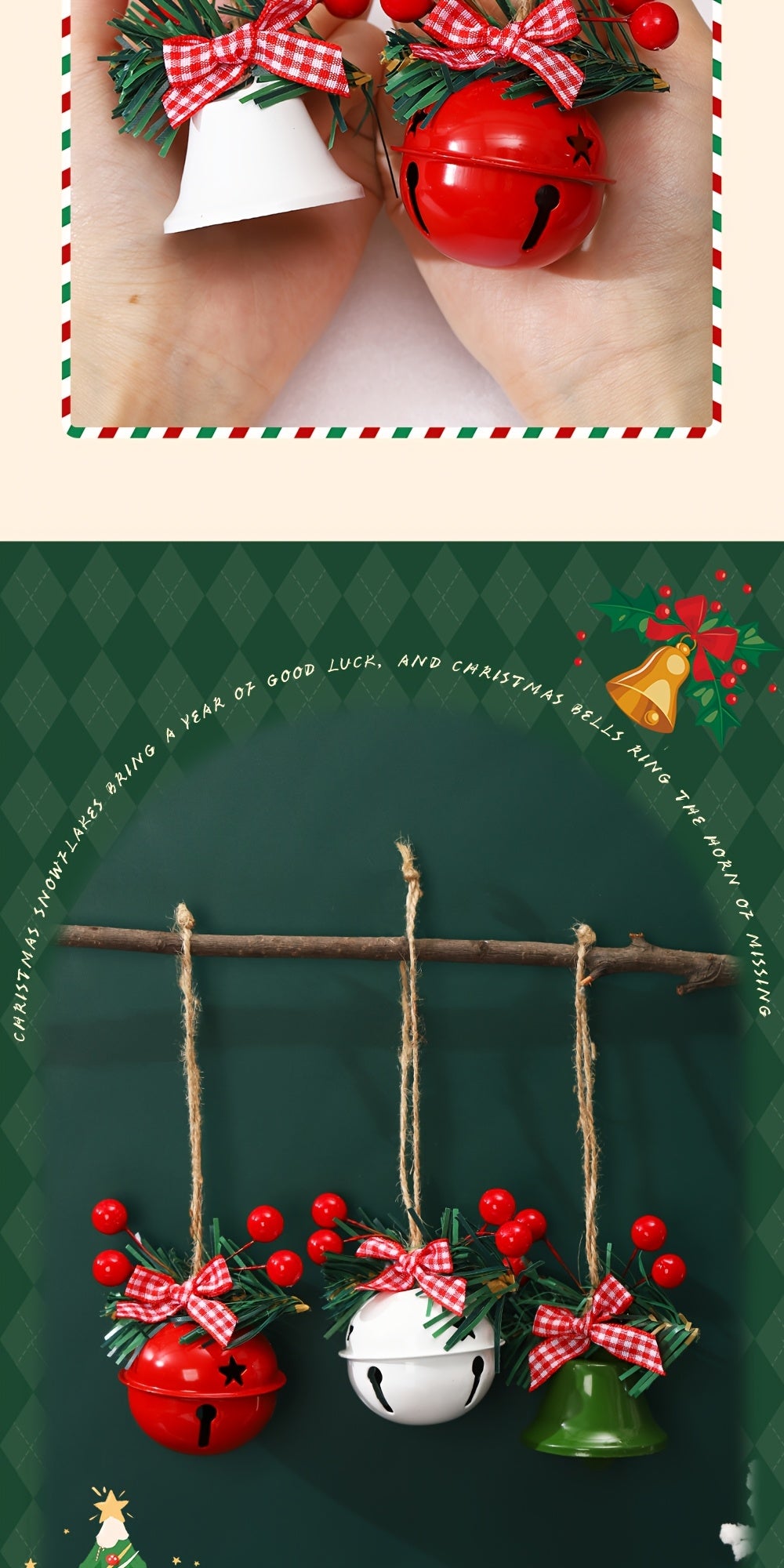 1 Set Christmas Jingle Bell Ornaments, Metal Hanging Decorations with Red Berries and Plaid Bows, Holiday Tree and Wreath Accents, No Electricity Required, Festive Wall and Door Decor