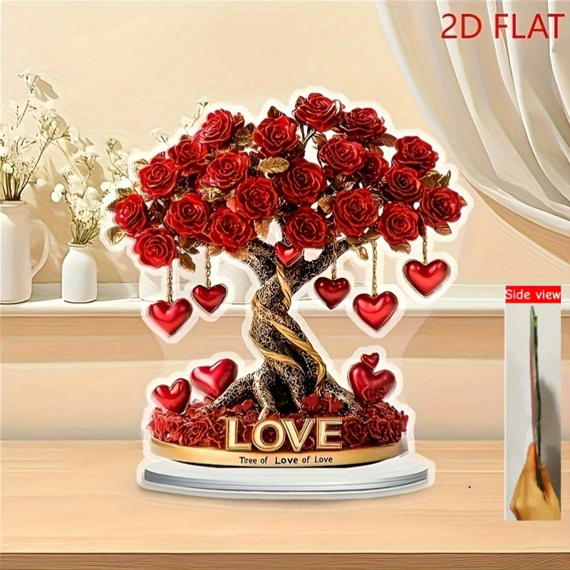 2D Flat, 1pc Bohemian Acrylic 2D Crystal Heart Rose Tree Decoration with Golden Base & Red Roses - "Tree of Love" English Inscription, No Batteries Needed, 2D Flat, Christmas Decor