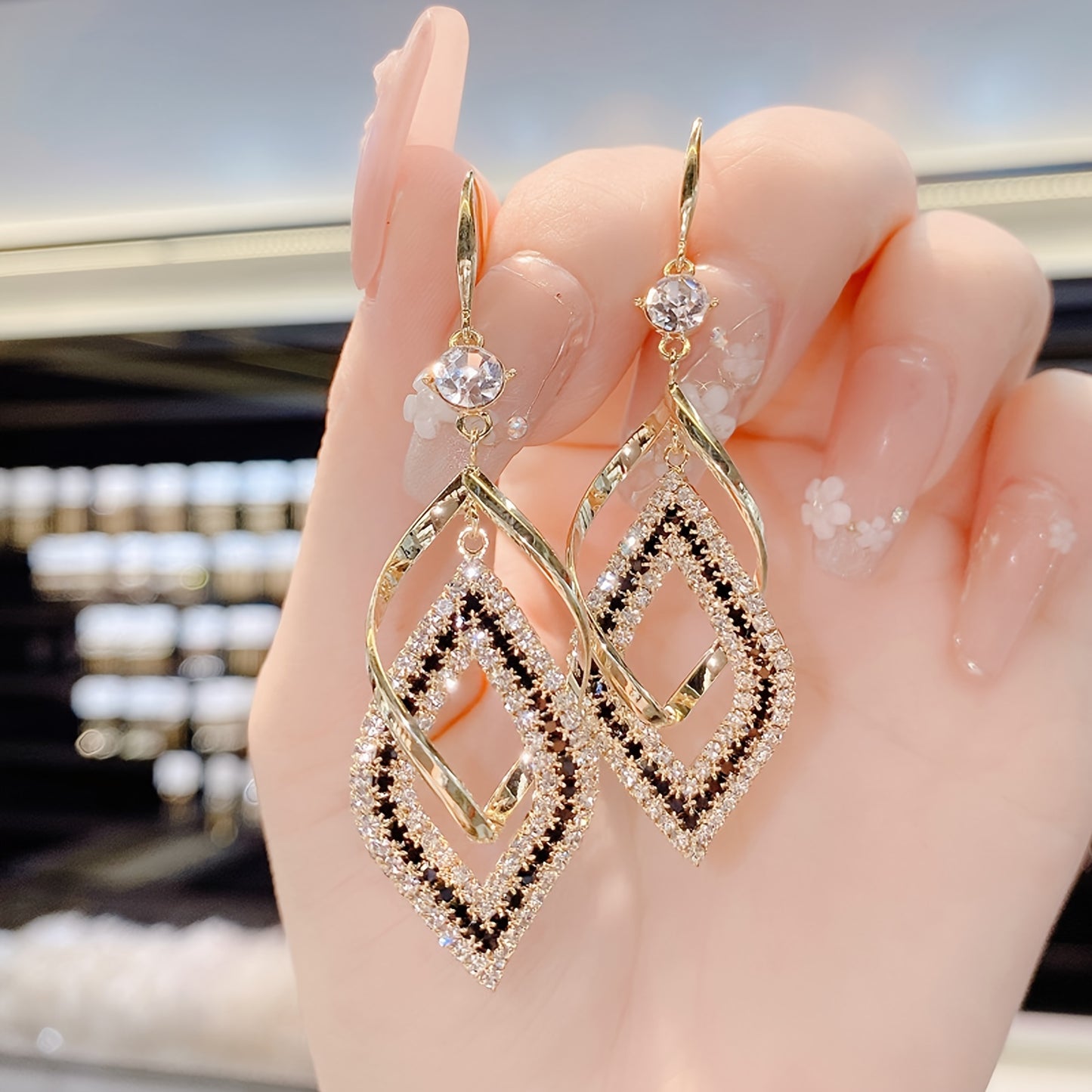 Double-Layer Hollow Diamond-Shaped Sparkling Synthetic Zirconia Drop Earrings