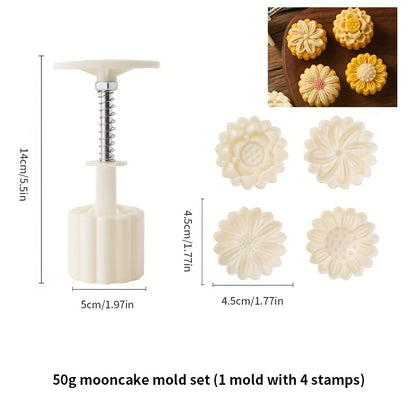 Flower Moon Cake Mold Set, Includes 1 Mold and 4 Stamps, DIY Hand Press Moon Cake Stamps, Mung Bean Cake, Cookie, Mid Autumn Festival Pastry Mold, Cookie Tools, Flower Shaped Moon Cake Maker, Baking Tools, Kitchen Gadgets