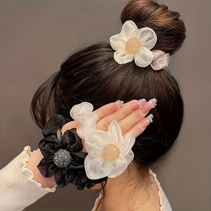 2pcs Elegant Rhinestone Sunflower Hair Scrunchies - Stretchy Mesh Ponytail Holders with Sparkling Crystals, White & Black Floral Design, Versatile Hair Accessories for Women, Perfect Gift for Holidays, Birthdays & Special Occ