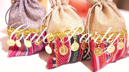 12pcs Vibrant Indian-Inspired Drawstring Bags - Durable Jute with Golden Coin Embellishments, Ideal for Jewelry, Weddings & Birthday Parties, Party Favor Bags|Traditional Design|Jute Material, Jewelry Bag