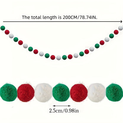 2m/6ft Christmas Garland - Red, Green, White Hanging String with Ball Ornaments - Easy Hang No Electricity Needed - Durable Polyester Chains for Xmas Tree, Mantel, Wreaths, Party Decorations - Indoor/Outdoor Holiday Decoratio