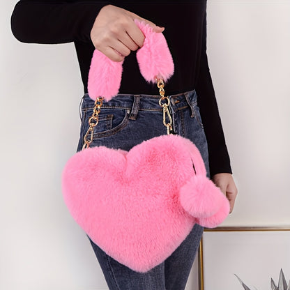 1pc Cozy Heart-Shaped Faux Fur Crossbody Bag, Polyester Plush Love Purse with Chain Shoulder Strap, Soft Pink/White/Black Fashion Handbag, Ideal for Christmas & Valentine'S Day Gifts