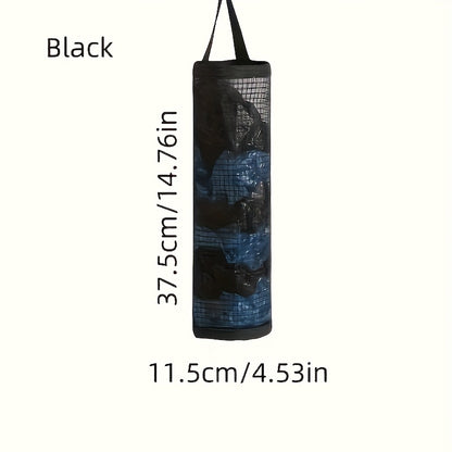 Wall-mounted drawstring bag organizer, PET mesh dispenser for grocery bags, reusable kitchen trash bag holder, multi-functional home storage tool