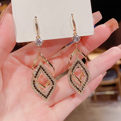 Double-Layer Hollow Diamond-Shaped Sparkling Synthetic Zirconia Drop Earrings
