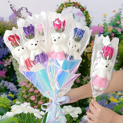 10 Bouquets of Artificial Roses with Plush Bear Plastic Roses for all kinds of holidays, anniversaries, weddings, home decor, Halloween, Christmas, romantic gifts and special occasions, Best for Christmas