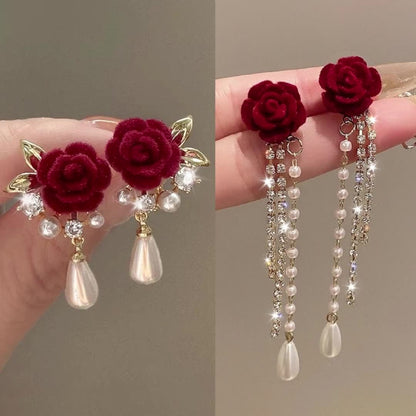 Luxury Floral Stud Earrings with Faux & Rhinestone Tassels, Copper Base & 925 Sterling Silver