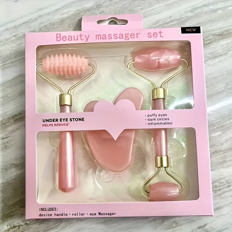 4-Season Facial Roller Set with Heart-Shaped Massager and Body Scraper, Dual-Ended Manual Beauty Tool, Plastic, No Battery Needed, Ideal for Puffy Eyes and Dark Circles, Beauty Massage Tool|Ergonomic Design|Durable Plastic Ro