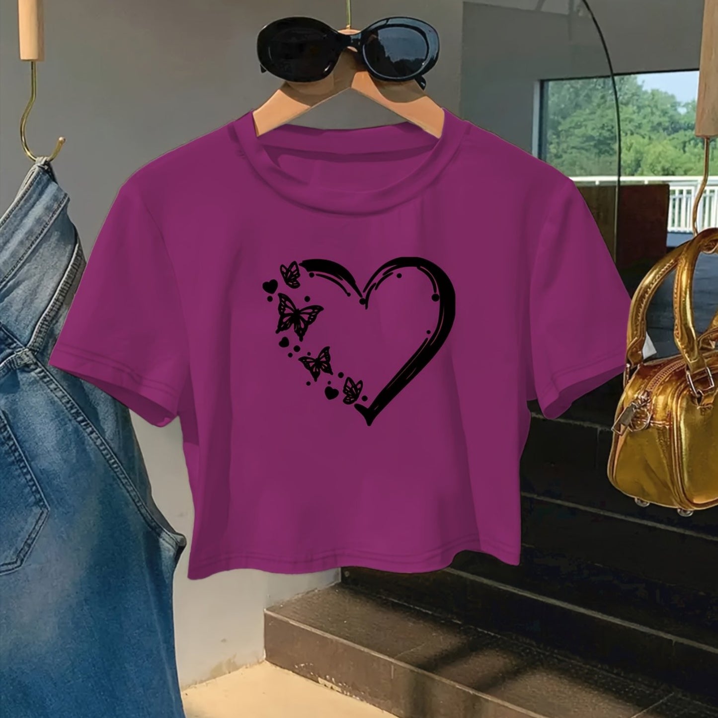 Women'S Red Heart & Butterfly Print Crop Top T-Shirt - Casual Round Neck Short Sleeve, Lightweight Polyester, Machine Washable, Spring/Summer Fashion Essential, Versatile Streetwear, Butterfly Shirt