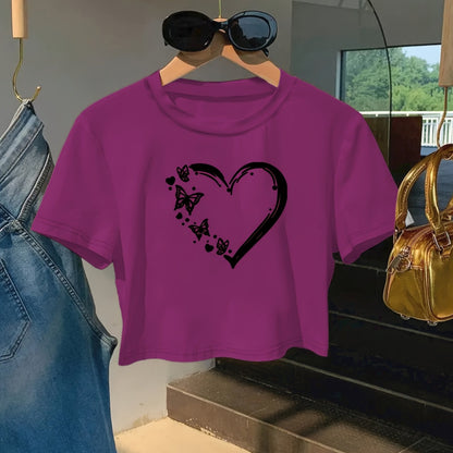 Women'S Red Heart & Butterfly Print Crop Top T-Shirt - Casual Round Neck Short Sleeve, Lightweight Polyester, Machine Washable, Spring/Summer Fashion Essential, Versatile Streetwear, Butterfly Shirt