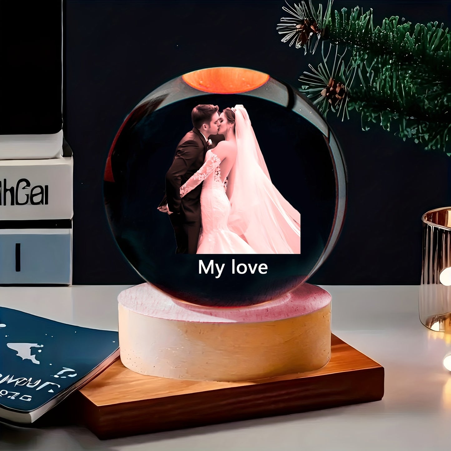 Customizable Crystal Ball with Wooden Base - Personalized Photo Glass Sphere for Bedroom, Living Room Decor - Ideal Gift for Birthdays, Valentine'S Day, Thanksgiving, Christmas - DIY Engraved Option, USB Powered, No Battery N