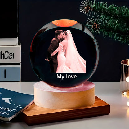 Customizable Crystal Ball with Wooden Base - Personalized Photo Glass Sphere for Bedroom, Living Room Decor - Ideal Gift for Birthdays, Valentine'S Day, Thanksgiving, Christmas - DIY Engraved Option, USB Powered, No Battery N