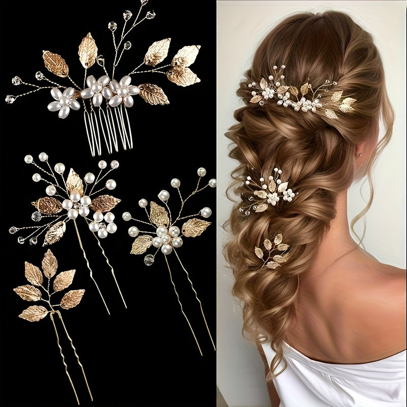 4pcs Wedding Hair Accessories - Faux Pearls, Crystals, Rhinestones Combs, Clips And Flower Pieces for Bride And Bridesmaids (Elegant Style)