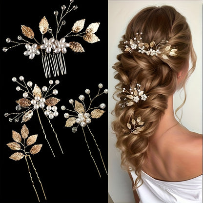 4pcs Wedding Hair Accessories - Faux Pearls, Crystals, Rhinestones Combs, Clips And Flower Pieces for Bride And Bridesmaids (Elegant Style)