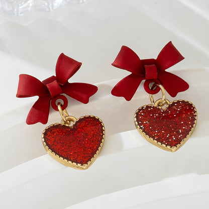 Red Heart Bow Dangle Earrings
