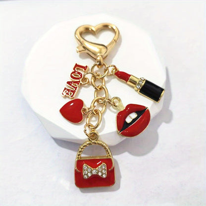 Valentine's Day Gift for Her - Retro Rhinestone-Embellished LOVE Letter & Heart Charm Keychain with Red Lips, Golden-Tone Alloy Purse Accessory for Keys or Bags, Stylish Key Organizer, Bold Lip Design, Rhinestone Embellishmen