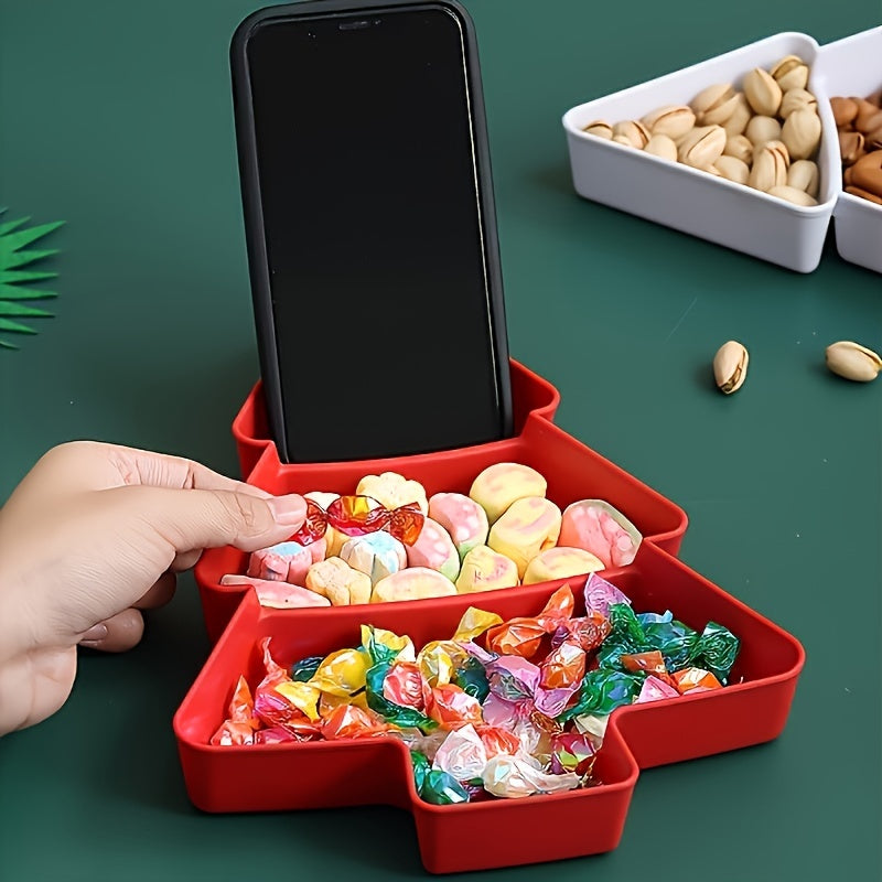 3-Section Christmas Tree-Shaped Red & White Plastic Serving Tray with Sturdy Sides - Durable Multi-Compartment Snack Dish for Holiday Parties, Candy, Nuts, Desserts - Elegant Table Centerpiece for Home, Restaurants & Cafes -