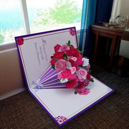 3D Pop-Up Rose Bouquet Greeting Card with Handwritten Message Area - Vibrant Pink & Red Floral Design on Premium Cardstock - Unique Birthday, Anniversary, Graduation Gift for Parents, Friends, Grandparents