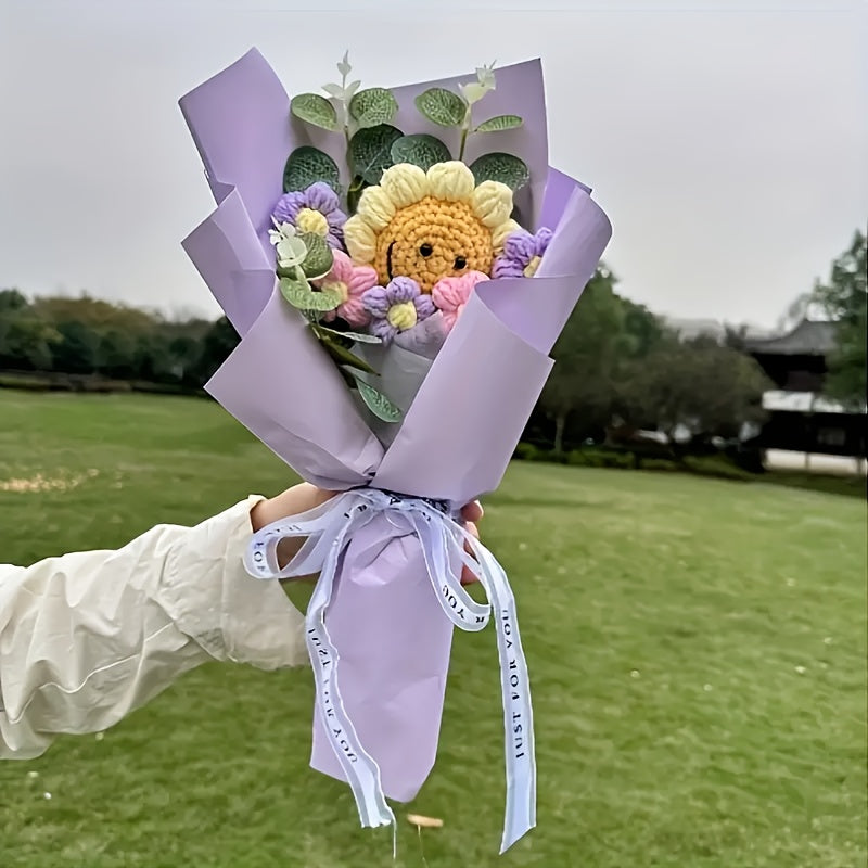 Realistic Knit Sunflower Bouquet with Smiling Face - No Electricity Needed, Durable Polyester Floral Arrangement for Home Decor, Birthday & Thanksgiving Gifts, Office & Party Centerpieces, Handmade Aesthetic Tabletop Decor, S