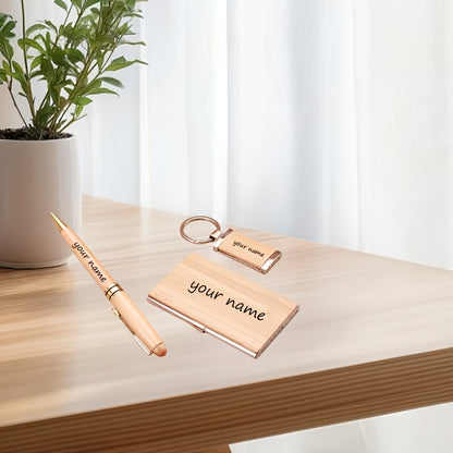 Custom Engraved Logo Ballpoint Pen Set with Keychain & Business Card Holder - Perfect Gift for Colleagues, Friends, and Family Birthdays or Holidays