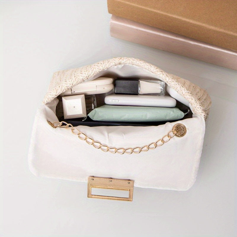 Elegant Beige Woven Shoulder Bag with Chain Strap and Turn-lock Closure