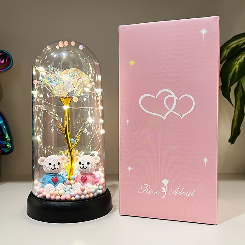 1pc Glow-in-the-Dark Rose Flower Decoration with LED-like Glow - Elegant Tabletop Centerpiece in Clear Dome, Battery-Powered (AAA Not Included) - Perfect Gift for Valentine's, Mother'S Day, Weddings, Birthdays, Christmas - Wo