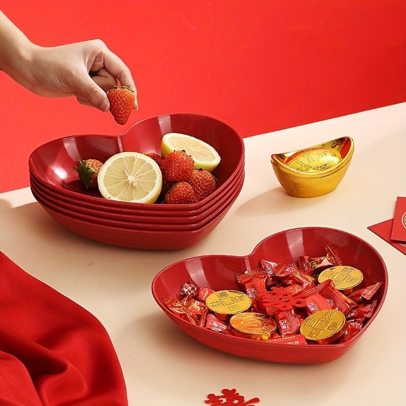 6pcs Plastic Heart-Shaped Serving Plate Set Red Love Theme Fruit, Snack and Candy Plate, for Valentine'S Day, Wedding, Banquet and Special Occasions