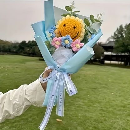 Realistic Knit Sunflower Bouquet with Smiling Face - No Electricity Needed, Durable Polyester Floral Arrangement for Home Decor, Birthday & Thanksgiving Gifts, Office & Party Centerpieces, Handmade Aesthetic Tabletop Decor, S