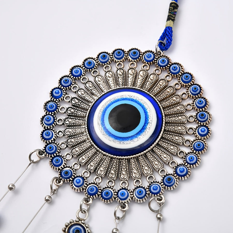 1pc Blue Evil Eye Wind Chime with Tassels – Metal Wall Hanging Decor for Outdoor, Balcony, or Patio – Intricate Design with Bells and Threads in Blue and Yellow, Wind Chimes for Outside