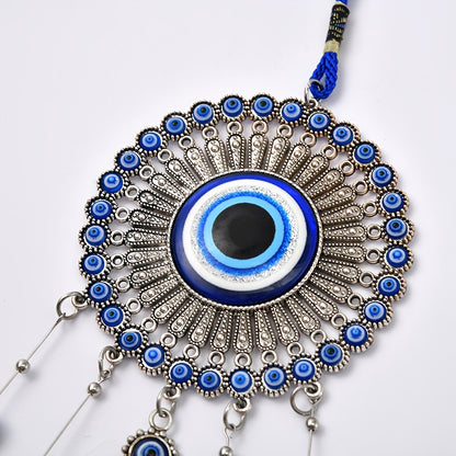 1pc Blue Evil Eye Wind Chime with Tassels – Metal Wall Hanging Decor for Outdoor, Balcony, or Patio – Intricate Design with Bells and Threads in Blue and Yellow, Wind Chimes for Outside