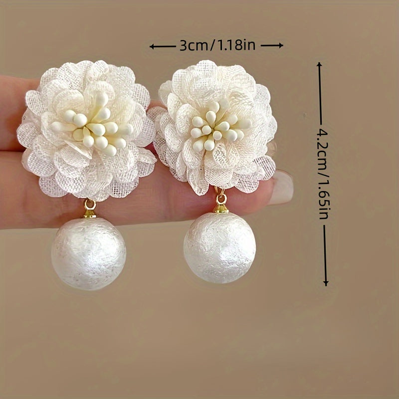 French Fabric Flower Drop Earrings with Imitation Pearl